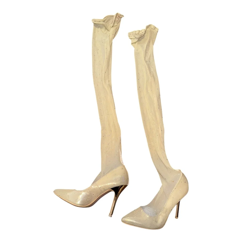 Women's Rhinestone Embellished Over-the-Knee Boots, Cream, High Heel